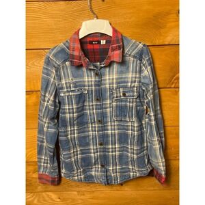 BDG Urban Outfitters Plaid Denim Shirt Women's M Blue Red LS Distressed Buttn Up